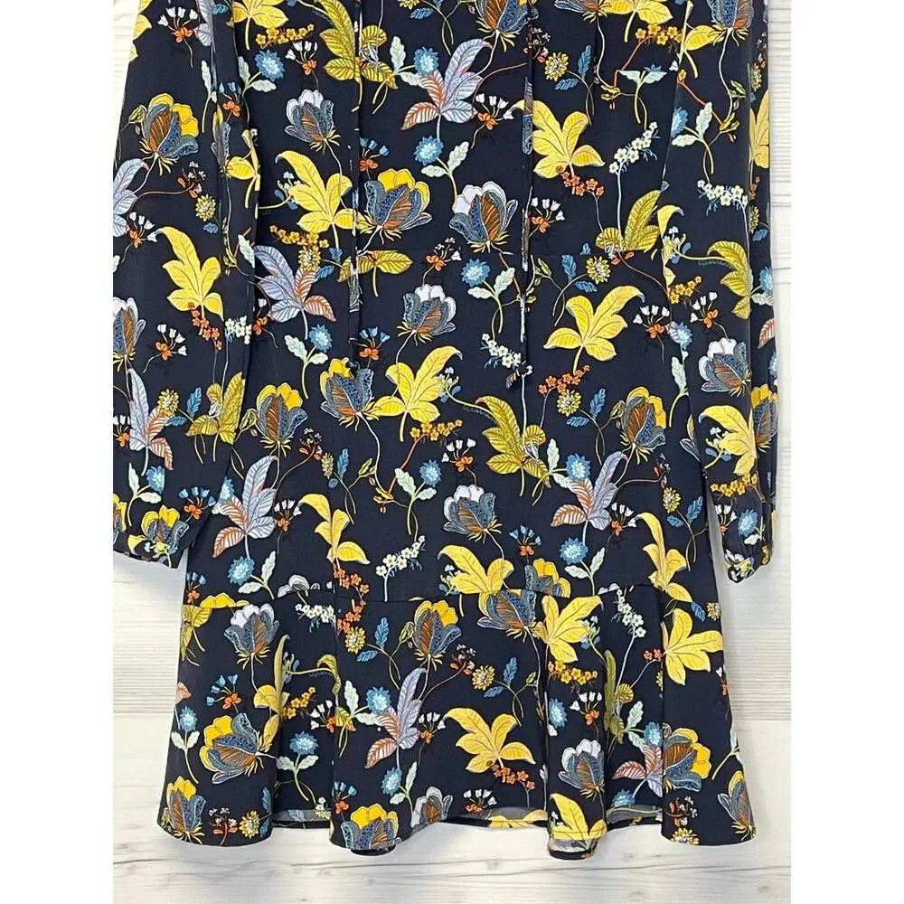Ann Taylor LOFT Dress 2‎ Womens Blue Floral V Neck Long Sleeve Zip